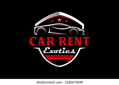 Luxury expensive car rental logo design, automotive icon symbol metalic reflection shield shape