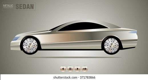 Luxury expensive sedan car vehicle with a metal-plated coating on shiny metallic background. Unique individual design. Vector illustration