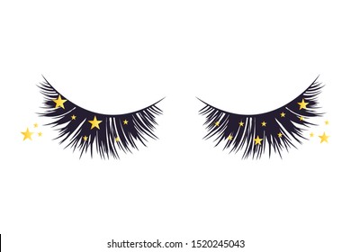 Luxury extension eyelashes with stars, lashmaker icon, glamor vip makeup. Vector design