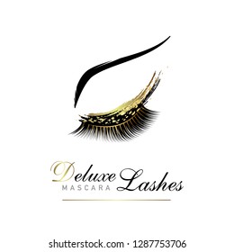 Luxury eyelashe glamour logo. Vector emblem  for beauty salon or lash extensions maker. Eye makeup with golden glitter.