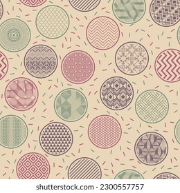 Luxury fabric swatch vector endless pattern. Bubble shapes with geometric patterns inside. Korean geometry in circles. Freckled texture background. Gift wrapper design.