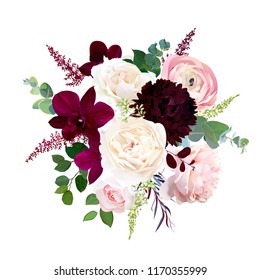 Luxury fall flowers vector bouquet. Dark orchid, garden rose, burgundy red dahlia, ranunculus, astilbe, agonis, seeded eucalyptus and greenery. Autumn wedding bunch of flowers. Isolated and editable.