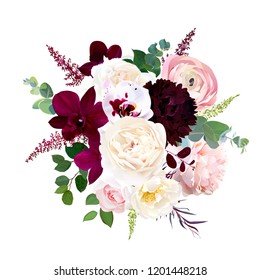 Luxury fall flowers vector bouquet. Dark orchid, garden rose, burgundy red dahlia, ranunculus, astilbe, agonis, seeded eucalyptus and greenery. Autumn wedding bunch of flowers. Isolated and editable.