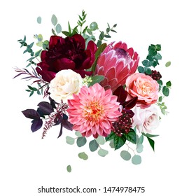 Luxury Fall Flowers Vector Bouquet. Protea Flower, Garden Rose, Burgundy Red Peony, Peachy Coral Dahlia, Ranunculus, Astilbe, Greenery And Berry. Autumn Wedding Bunch Of Flowers. Isolated And Editable