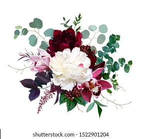 Luxury fall flowers vector bouquet. Pink cymbidium orchid flower, burgundy red and white peony, eucalyptus, astilbe, greenery and red berry. Autumn wedding bunch of flowers. Isolated and editable