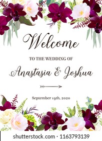 Luxury fall flowers vector design frame. Dark orchid, pink camellia, yellow rose, burgundy red astilbe, green hydrangea, seeded eucalyptus and greenery. Autumn wedding card. Isolated and editable.