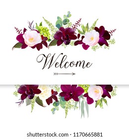 Luxury fall flowers vector design horizontal banner frame. Dark orchid, pink camellia, yellow rose, burgundy red astilbe, green hydrangea, seeded eucalyptus and greenery. Autumn wedding card. Isolated