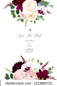 Luxury fall flowers vector design card. Dark and exotic white orchid, garden rose, burgundy red dahlia, hydrangea, ranunculus, astilbe, eucalyptus and greenery. Autumn wedding. Isolated and editable.