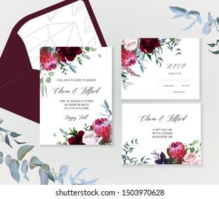 Luxury fall flowers vector design frames. Protea flower, dusty pink garden rose, burgundy red peony, astilbe, blue eucalyptus, greenery. Autumn wedding bunch of flowers cards. Isolated and editable