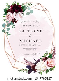 Luxury fall flowers wedding vector bouquet card. Garden dusty rose, burgundy red and white peony flowers, eucalyptus, astilbe, greenery and berry. Autumn watercolor style frame. Isolated and editable