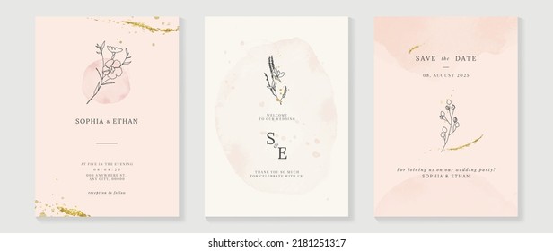 Luxury fall wedding invitation card template. Watercolor card with gold line art, flowers, leaves branches, foliage. Minimal autumn botanical vector design suitable for banner, cover, invitation.