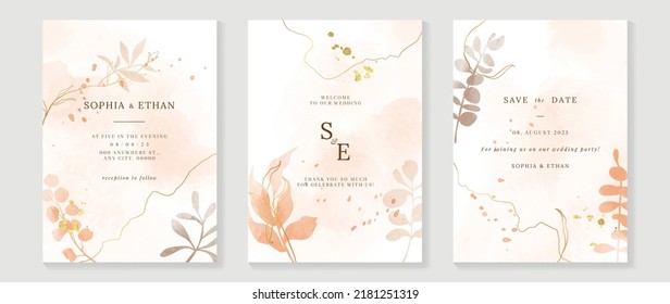 Luxury Fall Wedding Invitation Card Template. Watercolor Card With Gold Line Art, Eucalyptus, Leaves Branches, Foliage. Elegant Autumn Botanical Vector Design Suitable For Banner, Cover, Invitation.