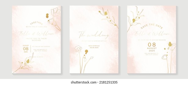 Luxury fall wedding invitation card template. Watercolor card with gold line art, eucalyptus, leaves branches, foliage. Elegant autumn botanical vector design suitable for banner, cover, invitation.