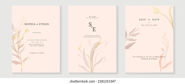 Luxury fall wedding invitation card template. Watercolor card with gold line art, flowers, leaves branches, foliage. Minimal autumn botanical vector design suitable for banner, cover, invitation.