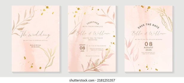 Luxury fall wedding invitation card template. Watercolor card with gold line art, flowers, leaves branches, foliage. Minimal autumn botanical vector design suitable for banner, cover, invitation.