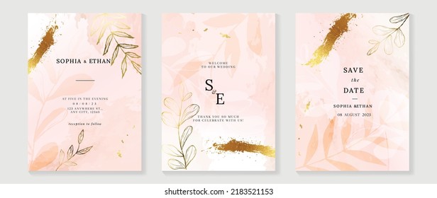 Luxury fall wedding invitation card template. Watercolor card with gold line art, golden foil, leaves branches, foliage. Elegant autumn botanical vector design suitable for banner, cover, invitation.