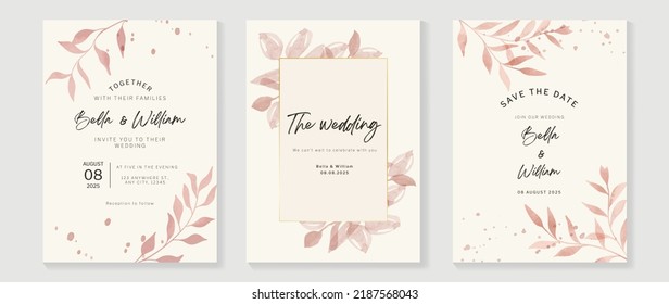 Luxury fall wedding invitation card template. Watercolor card with gold line art, leaves branches, foliage. Elegant autumn botanical vector design suitable for banner, cover, invitation.