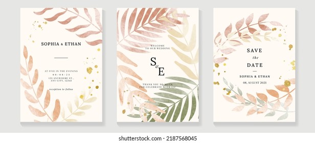 Luxury fall wedding invitation card template. Watercolor card with gold line art, leaves branches, foliage. Elegant autumn botanical vector design suitable for banner, cover, invitation.