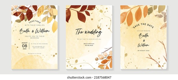 Luxury Fall Wedding Invitation Card Template. Watercolor Card With Gold Line Art, Leaves Branches, Foliage. Elegant Autumn Botanical Vector Design Suitable For Banner, Cover, Invitation.