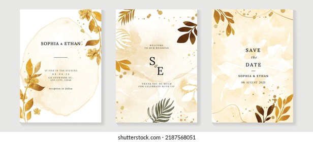 Luxury fall wedding invitation card template. Watercolor card with gold line art, leaves branches, foliage. Elegant autumn botanical vector design suitable for banner, cover, invitation.