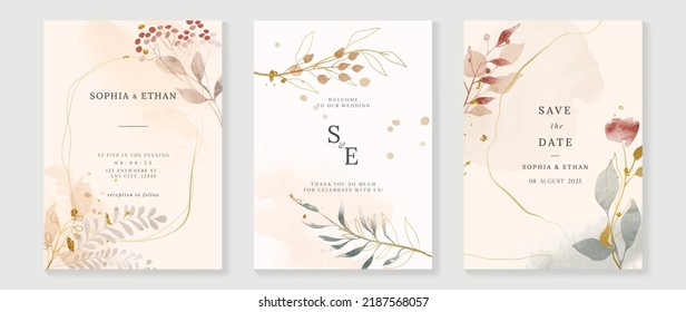 Luxury fall wedding invitation card template. Watercolor card with gold line art, leaves branches, foliage. Elegant autumn botanical vector design suitable for banner, cover, invitation. - Shutterstock ID 2187568057