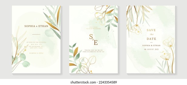 Luxury fall wedding invitation card template. Watercolor card with gold line art, leaves branches, foliage. Elegant autumn botanical vector design suitable for banner, cover, invitation.