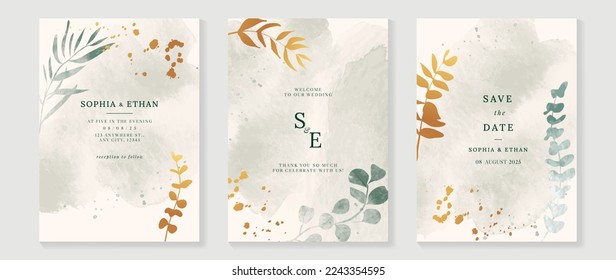 Luxury fall wedding invitation card template. Watercolor card with gold line art, leaves branches, foliage. Elegant autumn botanical vector design suitable for banner, cover, invitation.