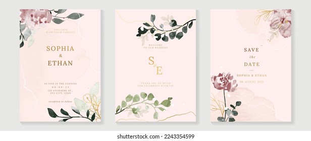 Luxury fall wedding invitation card template. Watercolor card with gold line art, leaves branches, foliage. Elegant autumn botanical vector design suitable for banner, cover, invitation.