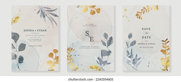 Luxury fall wedding invitation card template. Watercolor card with gold line art, leaves branches, foliage. Elegant autumn botanical vector design suitable for banner, cover, invitation.