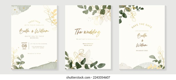 Luxury fall wedding invitation card template. Watercolor card with gold line art, leaves branches, foliage. Elegant autumn botanical vector design suitable for banner, cover, invitation.