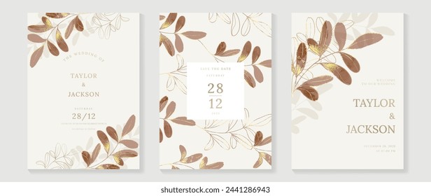 Luxury fall wedding invitation card template vector. Watercolor card with foliage, leaves branch gold foil line art on brown background. Elegant autumn botanical design suitable for banner, cover.