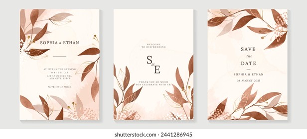 Plantilla de invitación de boda de otoño de lujo vector. Tarjeta de la acuarela con la flor, el follaje, el arte de la línea del oro en el fondo marrón. Elegante diseño botánico de otoño adecuado para banner, cubierta, invitación.