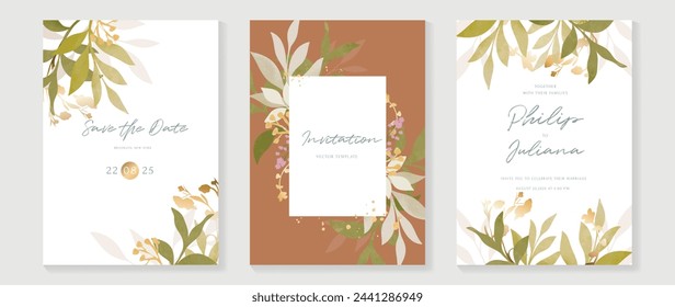 Luxury fall wedding invitation card template vector. Watercolor card with flower, foliage, gold glitter on white and brown background. Elegant autumn botanical design suitable for banner, cover.