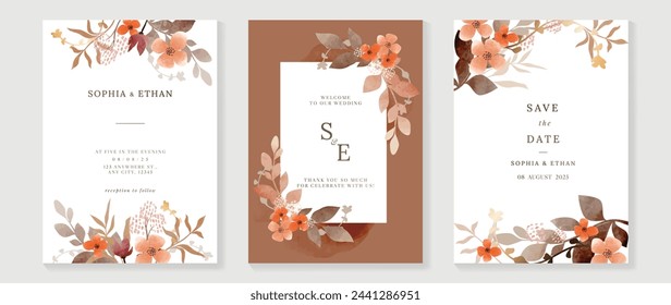 Luxury fall wedding invitation card template vector. Watercolor card with flower, foliage on white and brown background. Elegant autumn botanical design suitable for banner, cover, invitation.