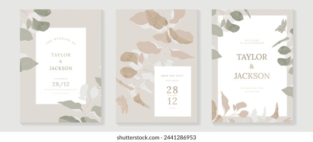 Luxury fall wedding invitation card template vector. Watercolor card with flower, foliage, gold foil line art on white and brown background. Elegant autumn botanical design suitable for banner, cover.