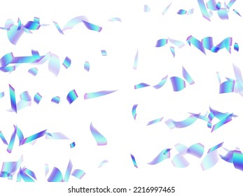 Luxury falling confetti decoration vector illustration. Blue  hologram particles christmas decor. Cracker poppers flying confetti. Holiday celebration decor background. Top view sequins.