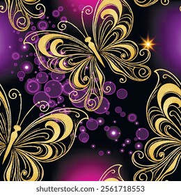 Luxury fantasy beautiful modern glowing 3d seamless pattern with gold glittery ornamental butterflies, bubbles, shiny stars. Glow magic vector background in purple, violet, pink, black, gold colors