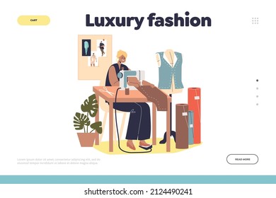 Luxury fashion concept of landing page with woman designer work on sewing machine dressmaking clothes in workshop atelier. Female tailor in studio creating clothing. Cartoon flat vector illustration