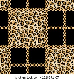 Luxury Fashion Fabric Seamless Pattern with Golden Chains and Leopard Skin Background. Wildlife Animal Fur and Gold Jewellry Wallpaper for Textile Design. Vector illustration