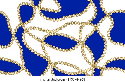 Luxury Fashion Pattern of Golden Chains on Blue and White Background. Ready for Textile Prints.