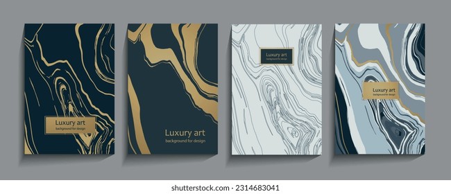 Luxury fashionable background with abstract digital marble pattern in gold, black, blu color. Modern elegant cover design set. Elite premium vector template for contemporary brochure, flyer layout