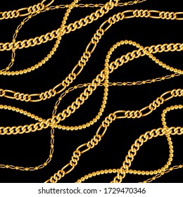 Luxury Fashional Pattern with Mix of Golden Chains on Black Background. Ready for Textile Prints.