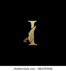 Luxury Feather Letter I logo Template. Gold Design Concept