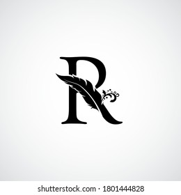 Luxury Feather Letter R logo Template. Black Design Concept