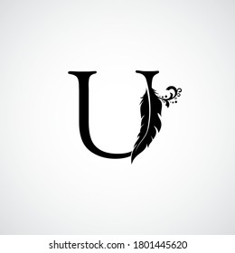 Luxury Feather Letter U logo Template. Black Design Concept