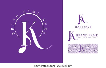 Luxury feminine and music style alphabet logo using letter K with variation and floral pattern for boutique, rhythm, decoration business