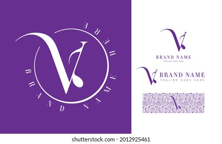 Luxury feminine and music style alphabet logo using letter V with variation and floral pattern for boutique, rhythm, decoration business