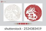Luxury festival card decorative art design vector. Pattern, phoenix, continuous, vine phoenix line art on red background. Design illustration of cover, greeting card, print, background
