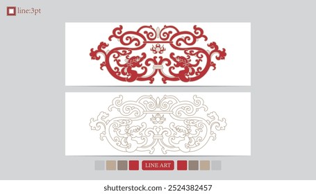 Luxury festival card decorative art design vector. Pattern, phoenix, continuous, vine phoenix line art on red background. Design illustration of cover, greeting card, print, background