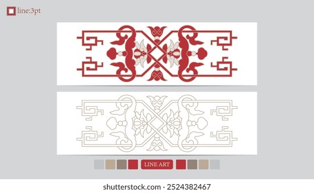 Luxury festival card decorative art design vector. Pattern, phoenix, continuous, vine phoenix line art on red background. Design illustration of cover, greeting card, print, background